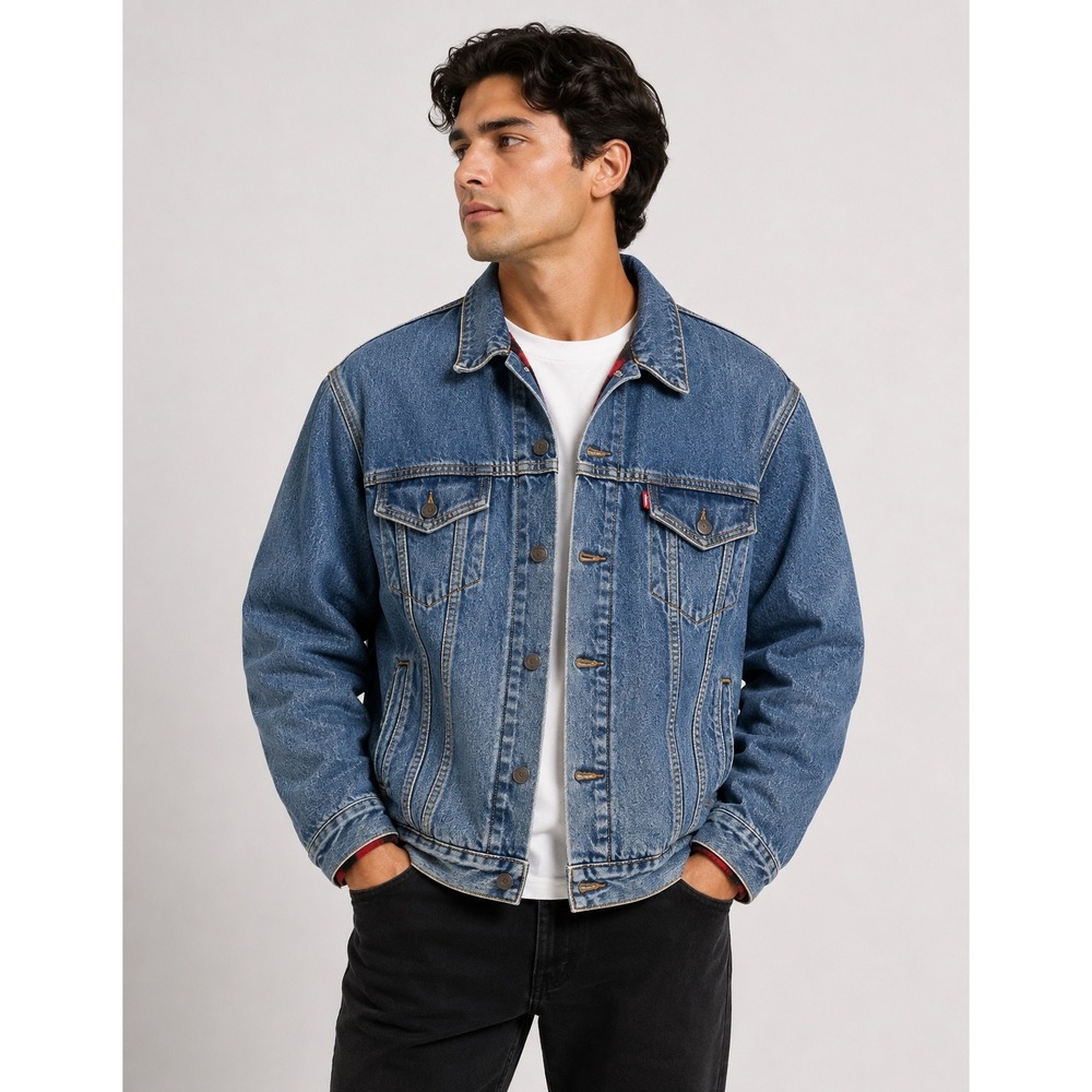 Vintage‎ Levis Denim Trucker Jacket Plaid Flannel Lined Blue Medium Wash 70506
